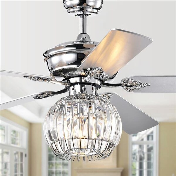 Warehouse of Tiffany CFL-8388REMO-C 52 in. Dalinger Lighted Ceiling Fan  with Globe Crystal Shade; Chrome